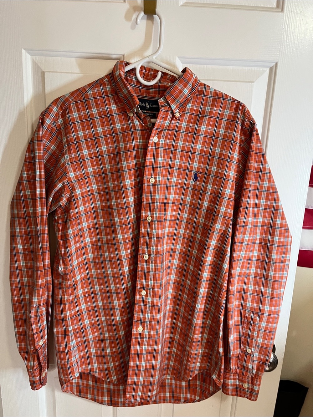 Ralph Lauren Orange and Blue Plaid Button-Down Long sleeve Shirt